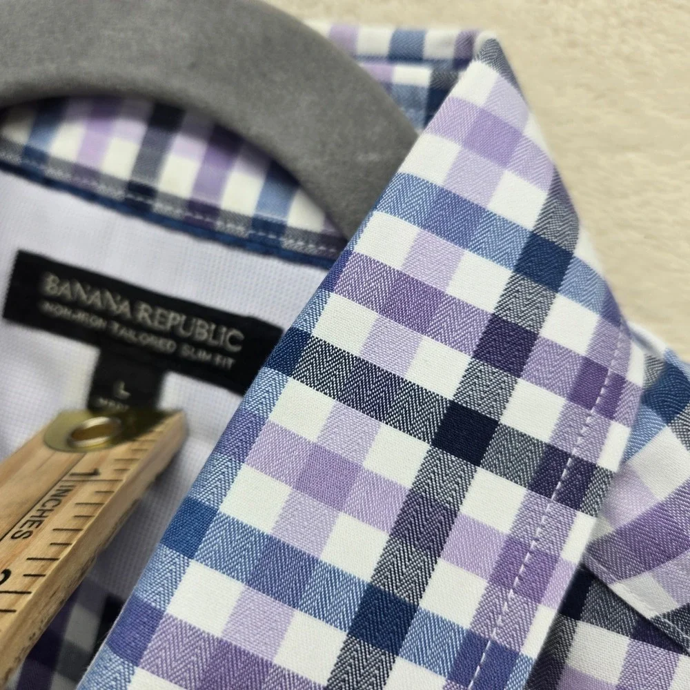Banana Republic Mens Non-Iron Tailored Slim Fit Plaid Shirt Purple Blue‎ Large